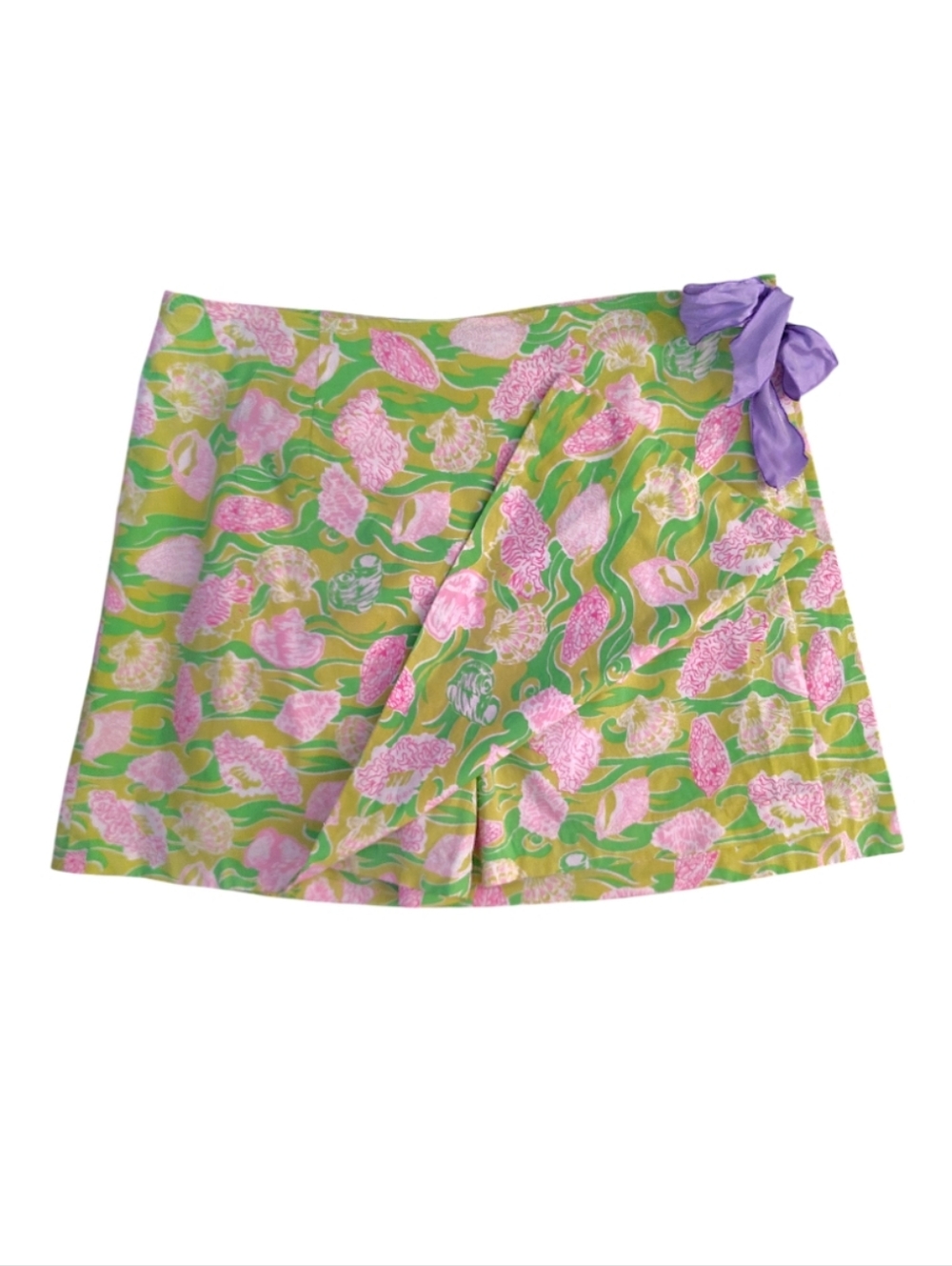 Y2K Key West Lime Green Pink Sea Shells Printed Mini Wrap Skort SZ 8 Skirt